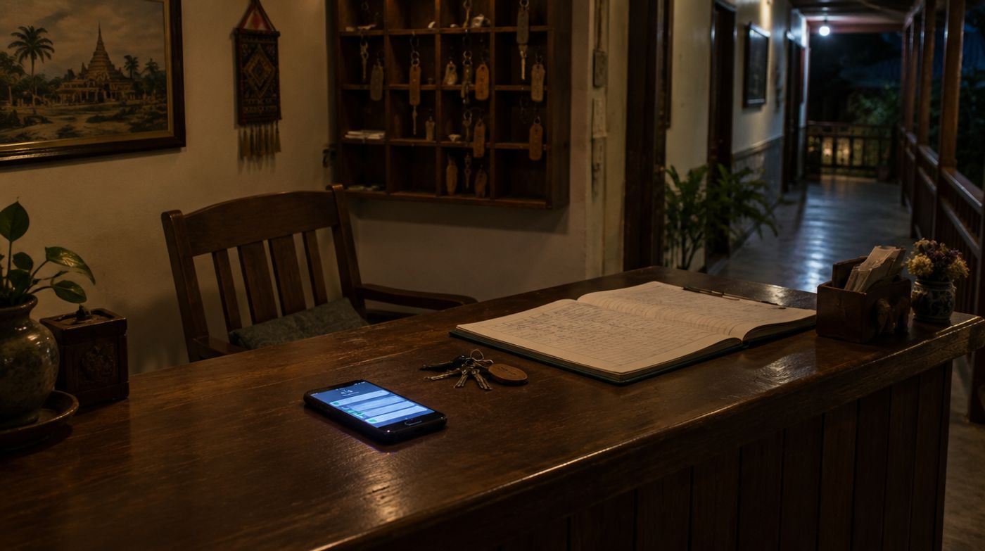 A small guesthouse reception desk at night with a phone showing waiting messages