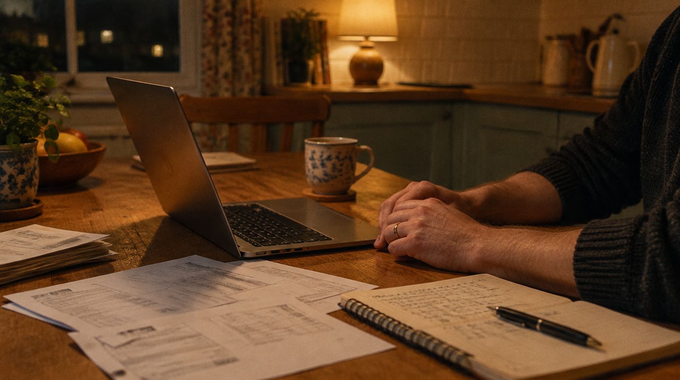 A kitchen table at night with a laptop, invoices and a notebook