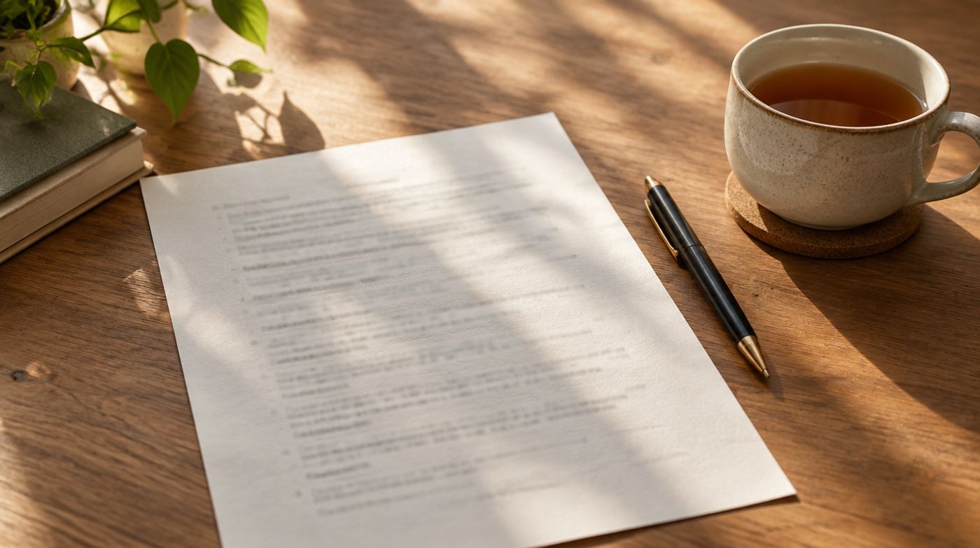 A printed page of notes on a desk beside a pen and a cup of tea